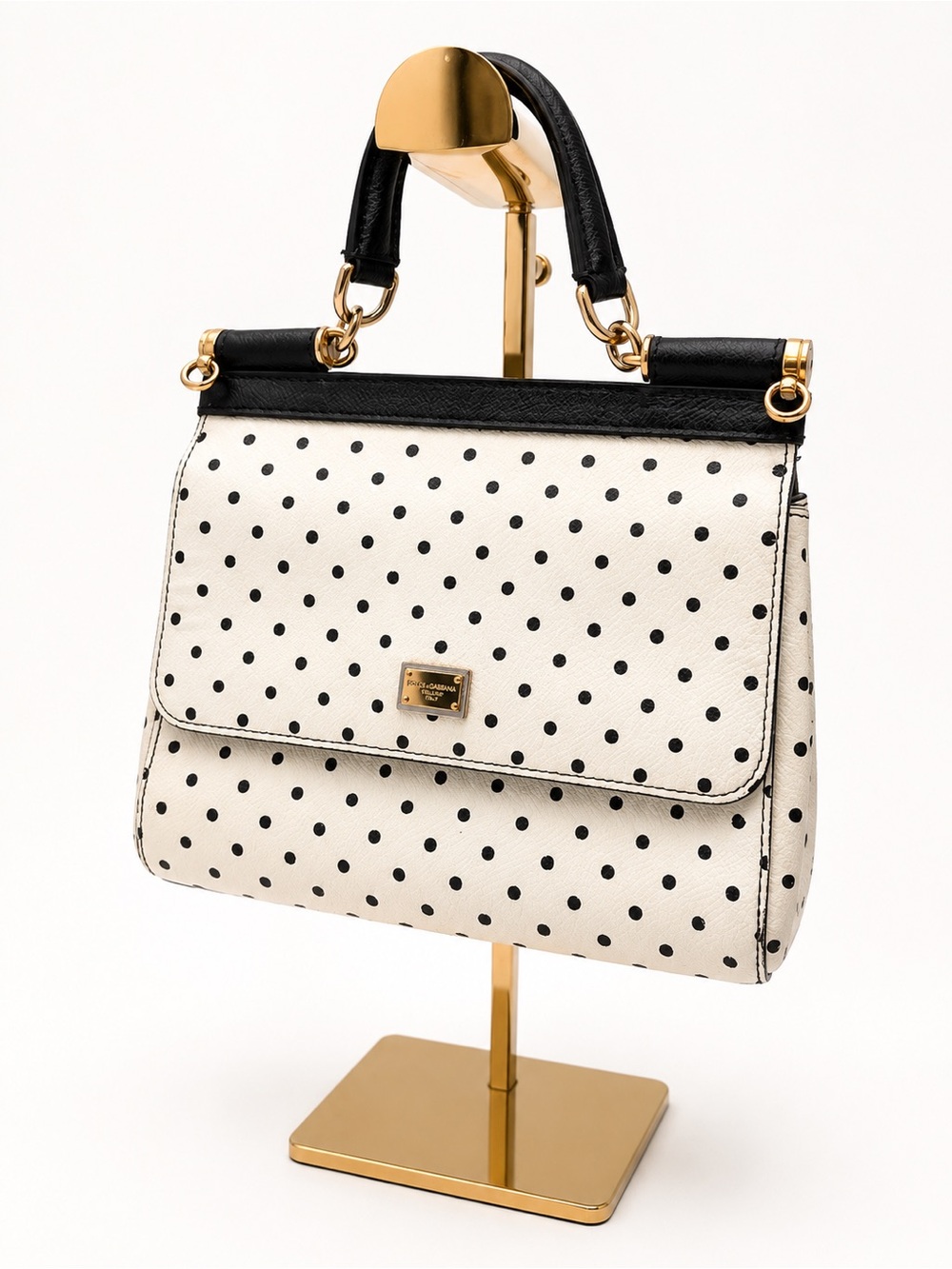 Dolce & Gabbana •Miss Sicily Polka Dot Dauphine Leather Top Handle Crossbody Bag